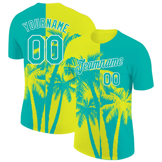 Custom Aqua Neon Yellow-White Hawaii Tropical Coastal Palm Trees Performance T-Shirt - Main View