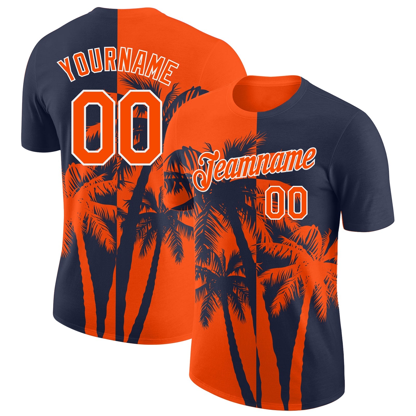 Custom Navy Orange-White Hawaii Tropical Coastal Palm Trees Performance T-Shirt - Main View