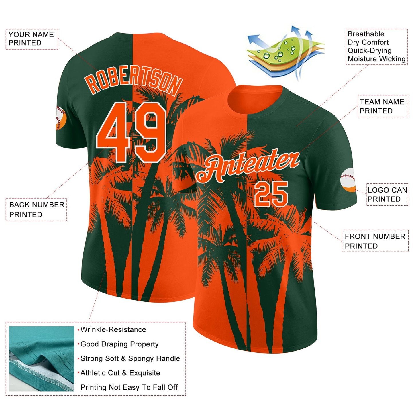 Custom Green Orange-White Hawaii Tropical Coastal Palm Trees Performance T-Shirt view 2