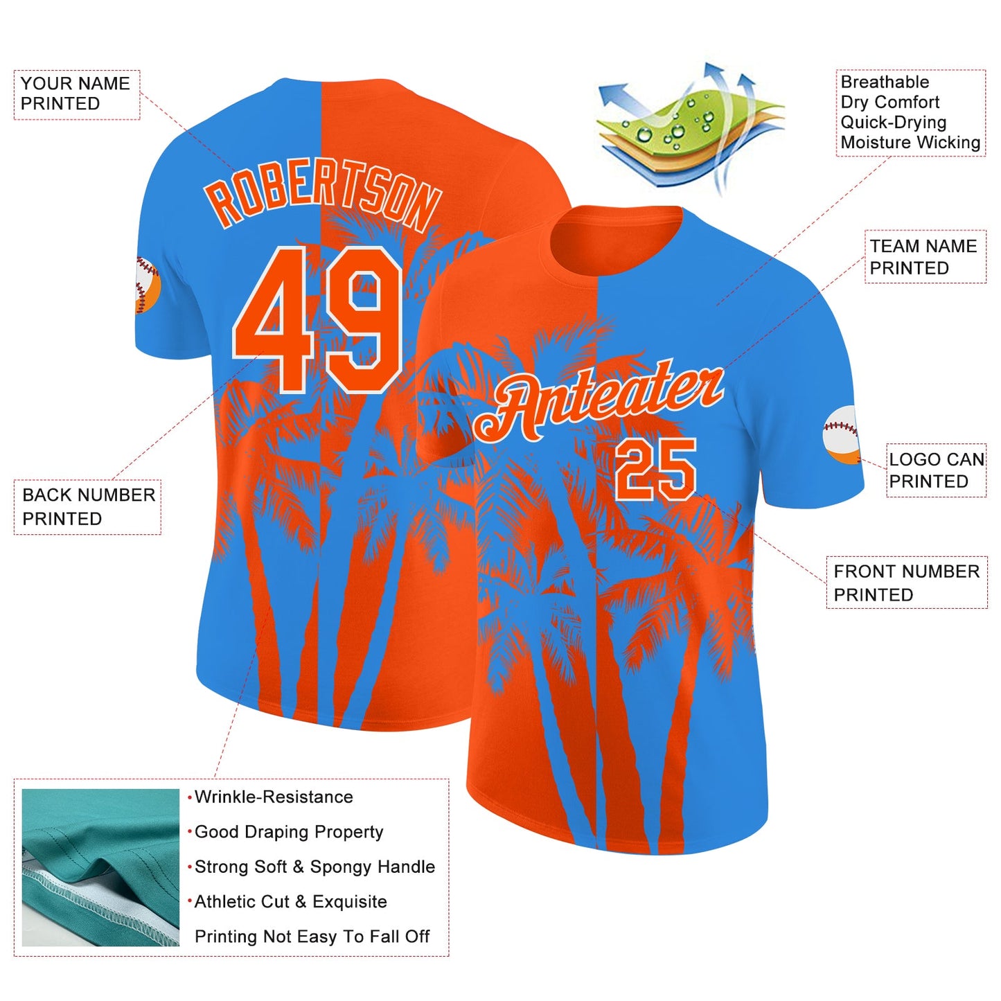 Custom Powder Blue Orange-White Hawaii Tropical Coastal Palm Trees Performance T-Shirt view 2