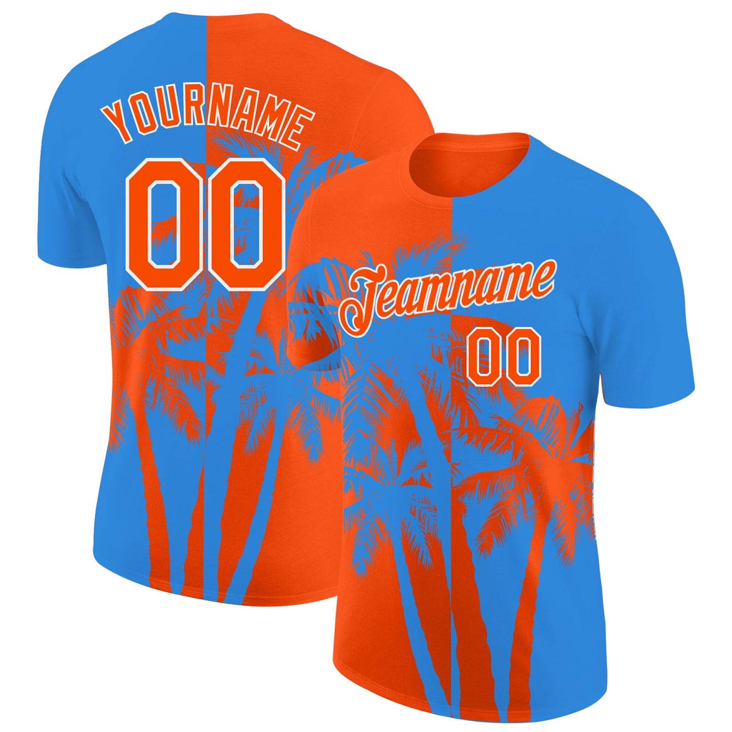 Custom Powder Blue Orange-White Hawaii Tropical Coastal Palm Trees Performance T-Shirt - Main View