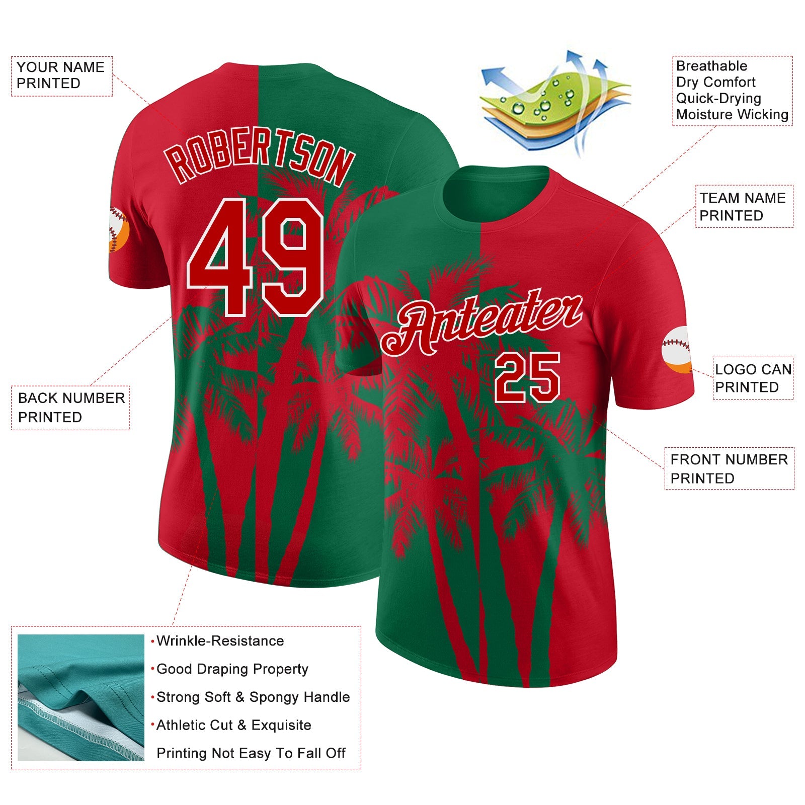 Custom Red Kelly Green-White Hawaii Tropical Coastal Palm Trees Performance T-Shirt view 2