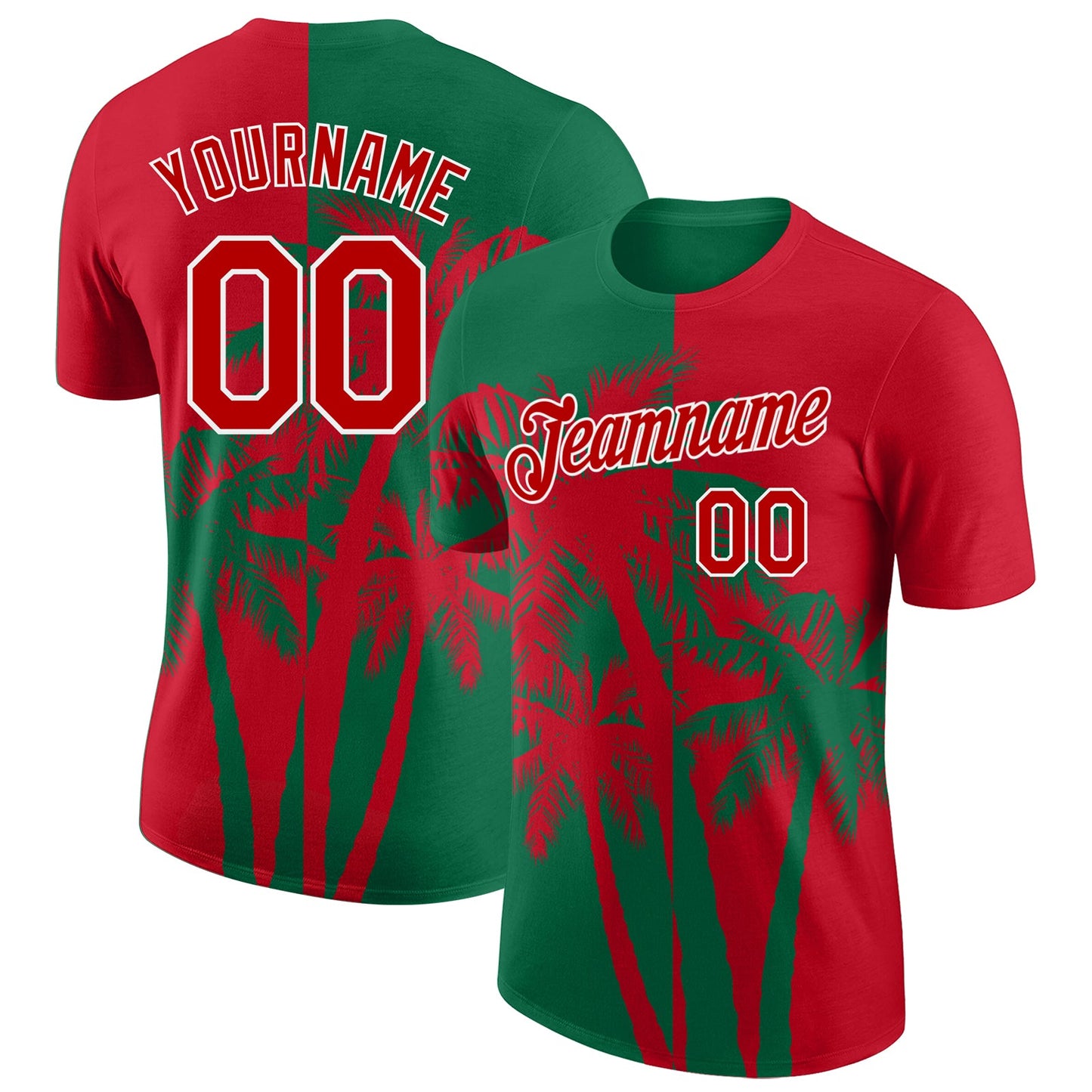 Custom Red Kelly Green-White Hawaii Tropical Coastal Palm Trees Performance T-Shirt - Main View