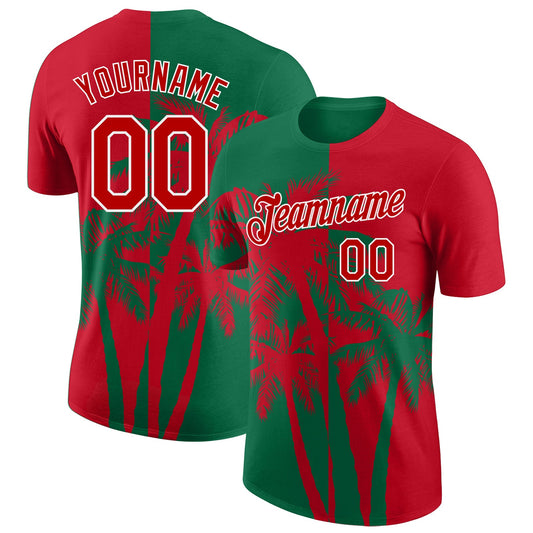 Custom Red Kelly Green-White Hawaii Tropical Coastal Palm Trees Performance T-Shirt - Main View