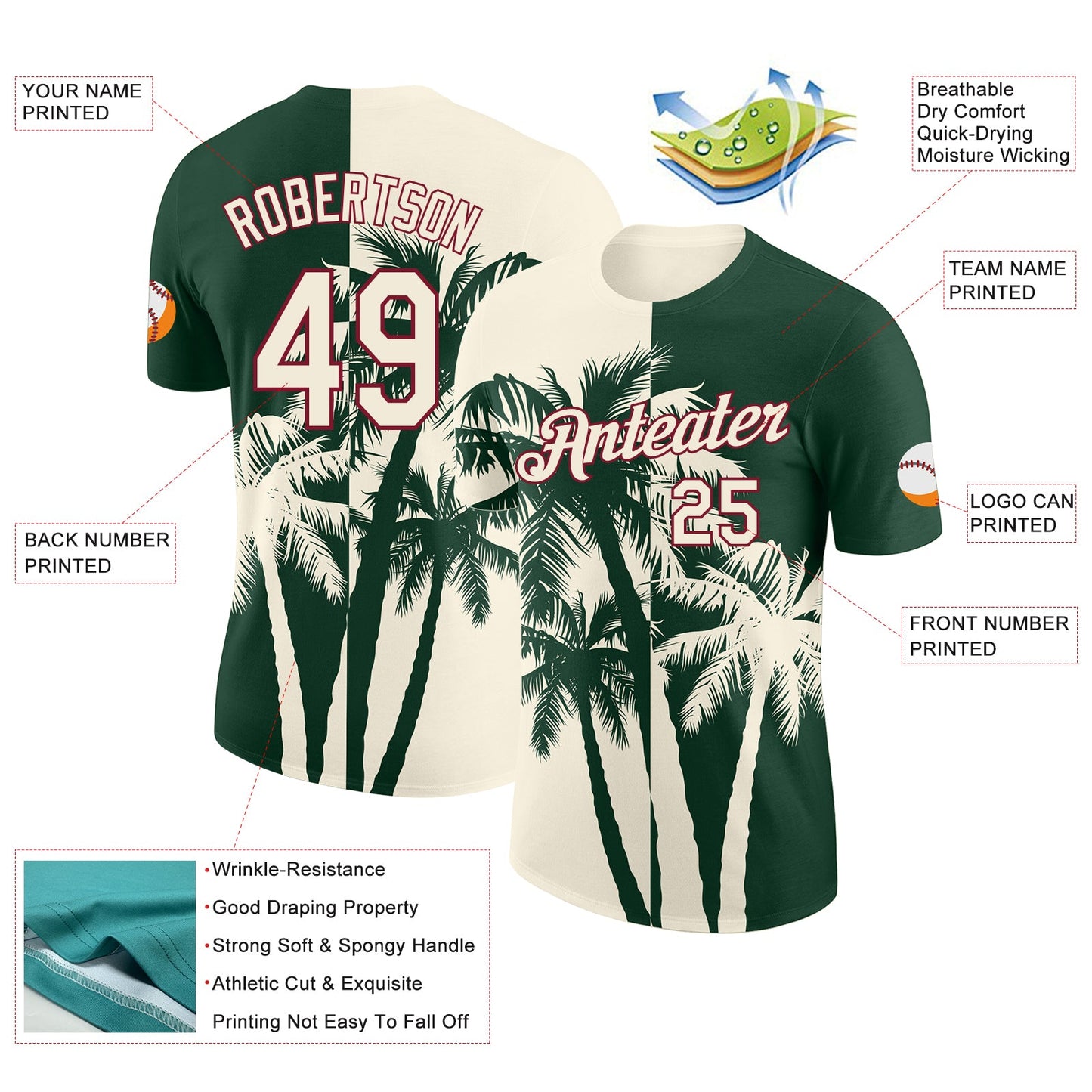 Custom Green Cream-Crimson Hawaii Tropical Coastal Palm Trees Performance T-Shirt view 2