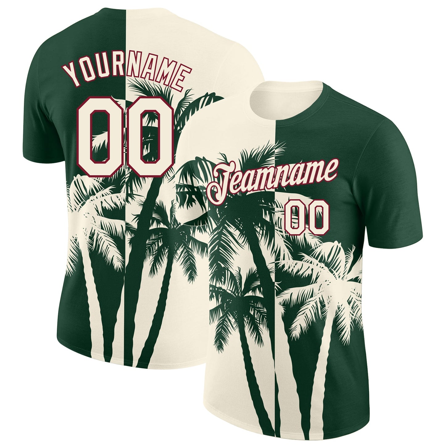 Custom Green Cream-Crimson Hawaii Tropical Coastal Palm Trees Performance T-Shirt - Main View