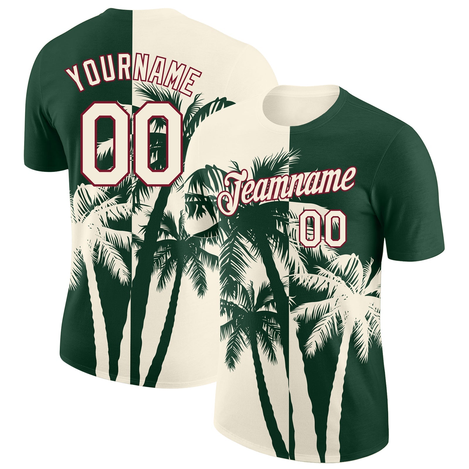 Custom Green Cream-Crimson Hawaii Tropical Coastal Palm Trees Performance T-Shirt - Main View