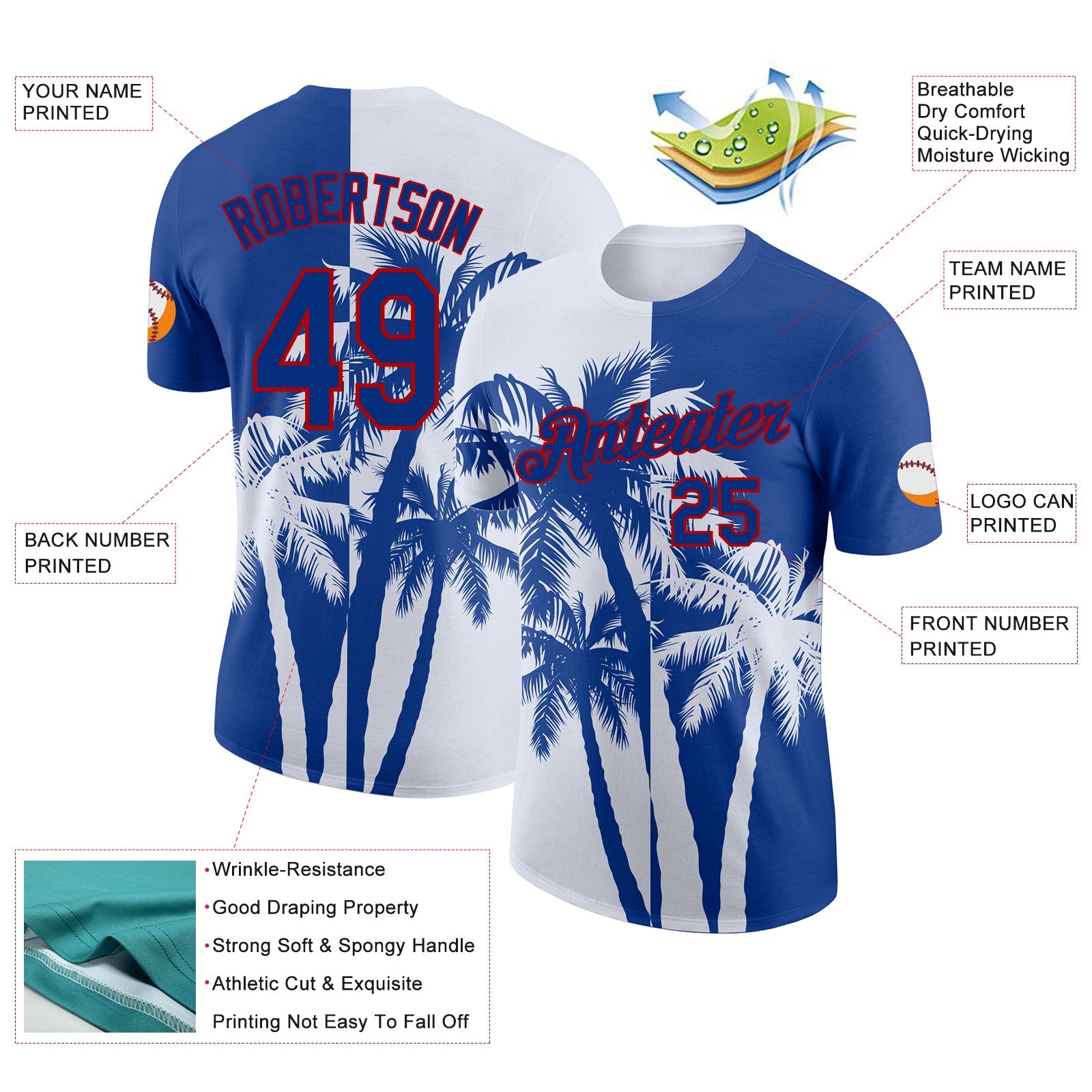 Custom Royal White-Red Hawaii Tropical Coastal Palm Trees Performance T-Shirt view 2