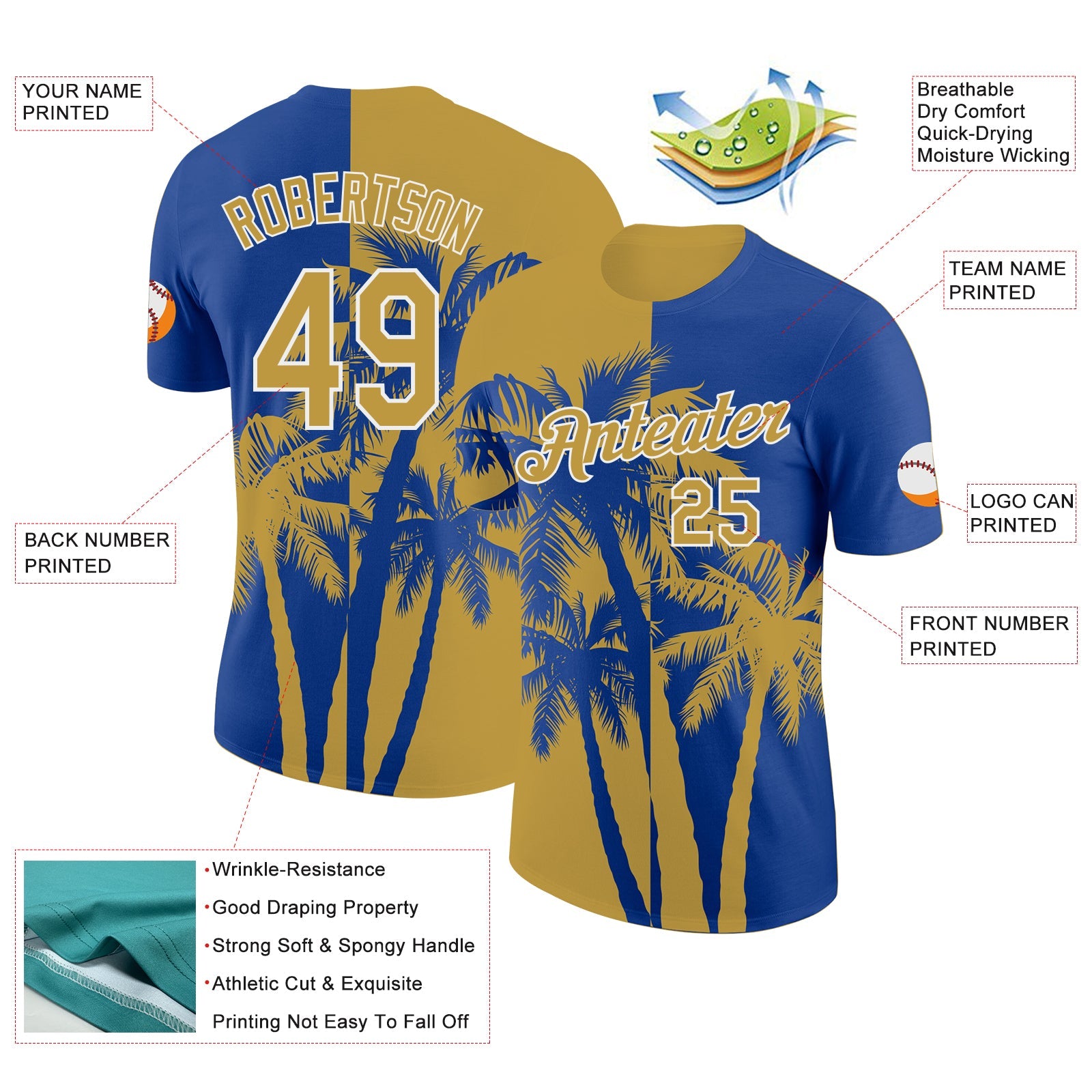Custom Royal Old Gold-White Hawaii Tropical Coastal Palm Trees Performance T-Shirt view 2