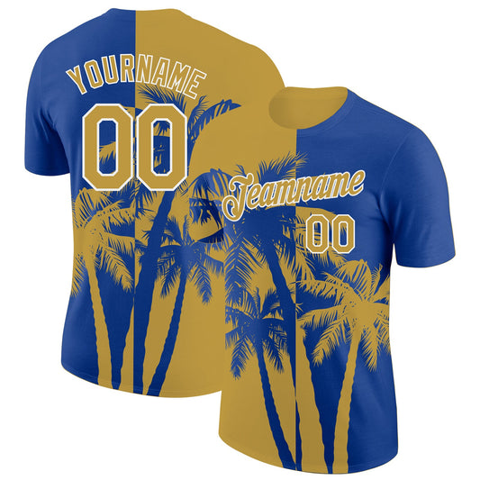 Custom Royal Old Gold-White Hawaii Tropical Coastal Palm Trees Performance T-Shirt - Main View