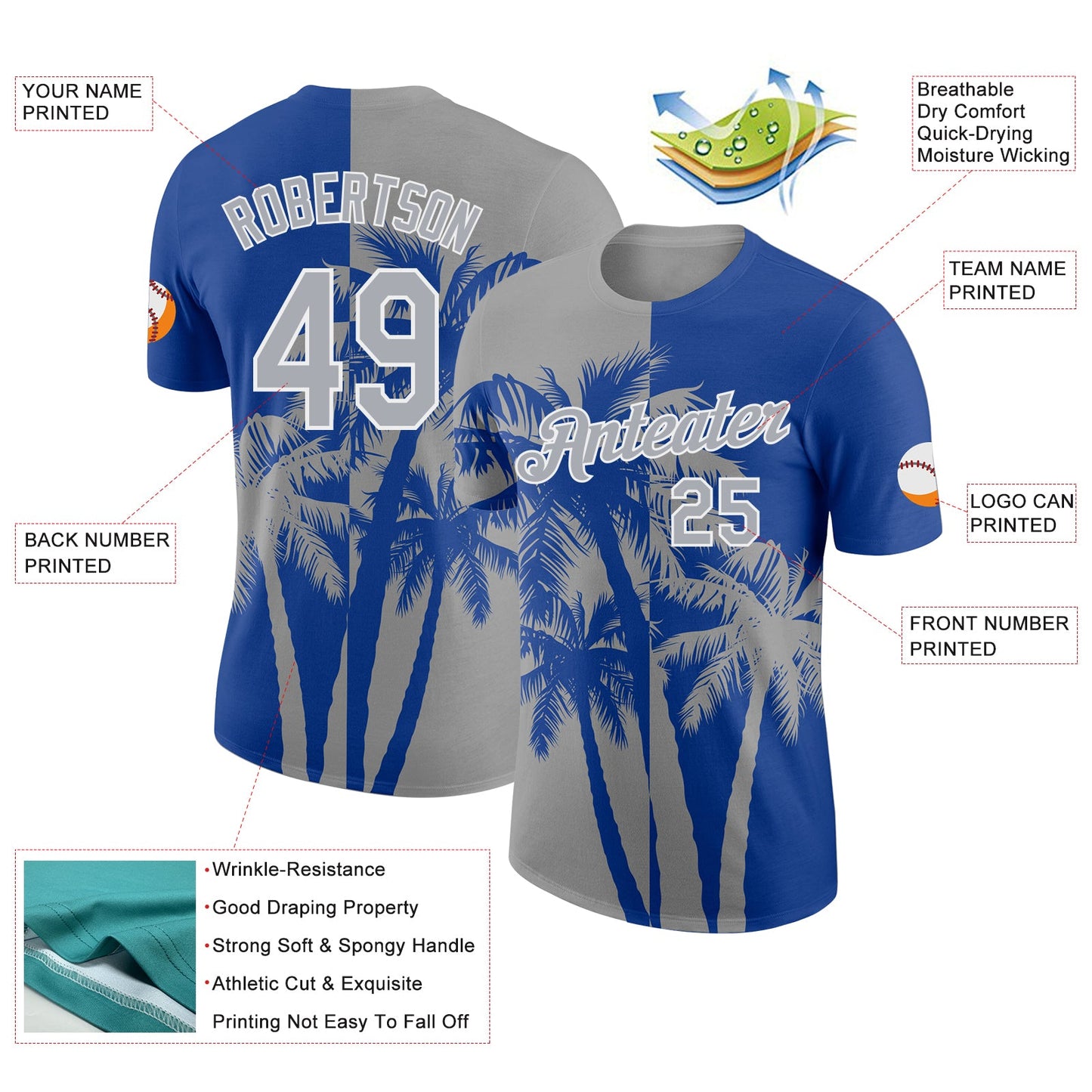 Custom Royal Gray-White Hawaii Tropical Coastal Palm Trees Performance T-Shirt view 2
