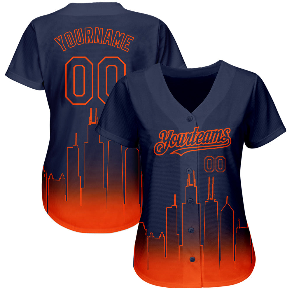 Custom Navy Orange 3D Chicago City Edition Fade Fashion Authentic Baseball Jersey view 2