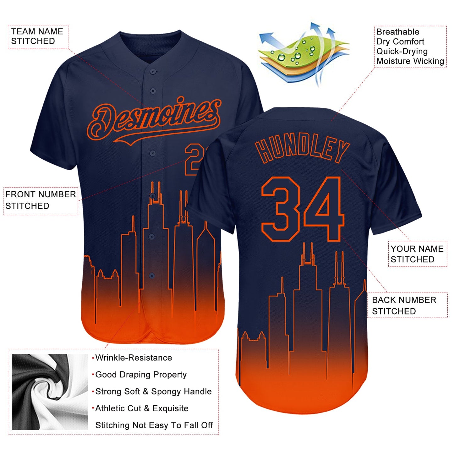 Custom Navy Orange 3D Chicago City Edition Fade Fashion Authentic Baseball Jersey view 3
