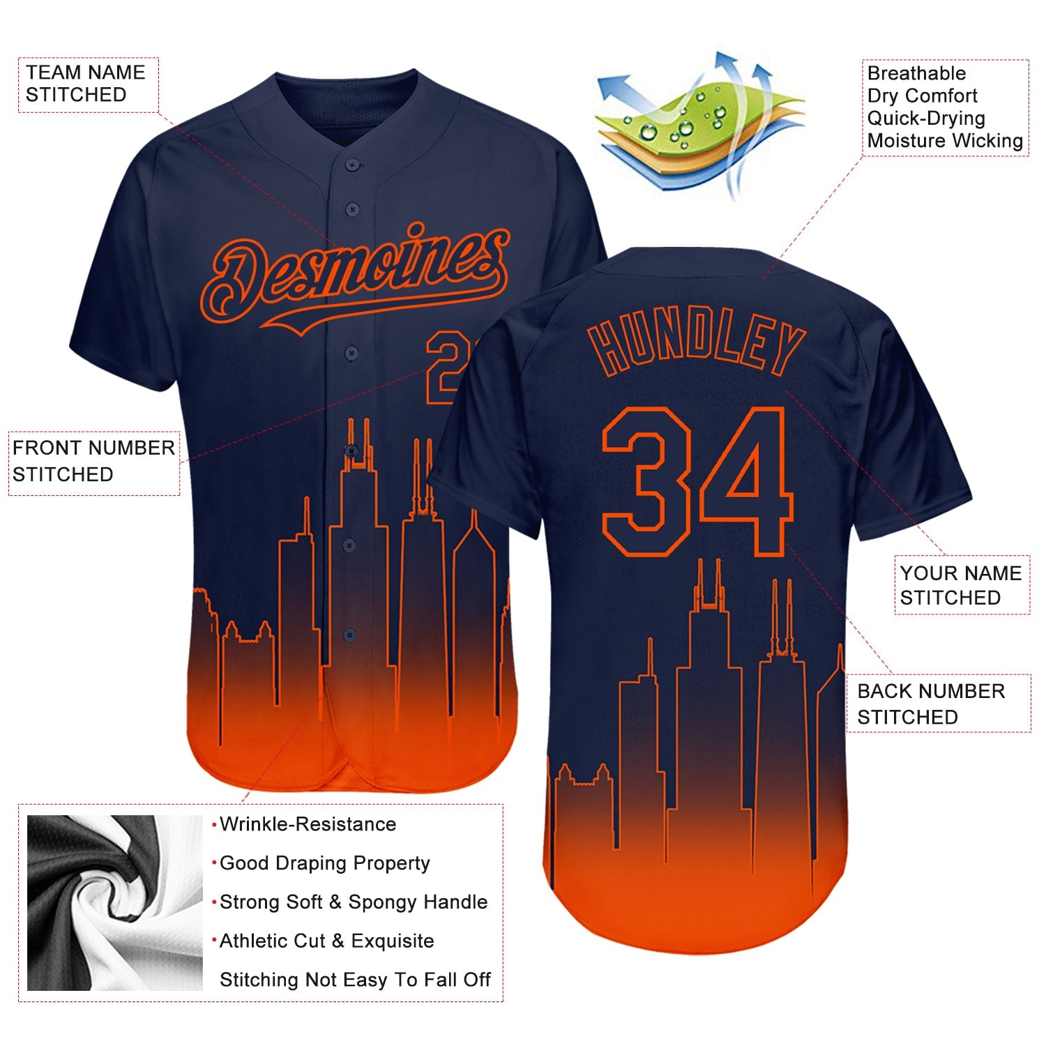 Custom Navy Orange 3D Chicago City Edition Fade Fashion Authentic Baseball Jersey view 3