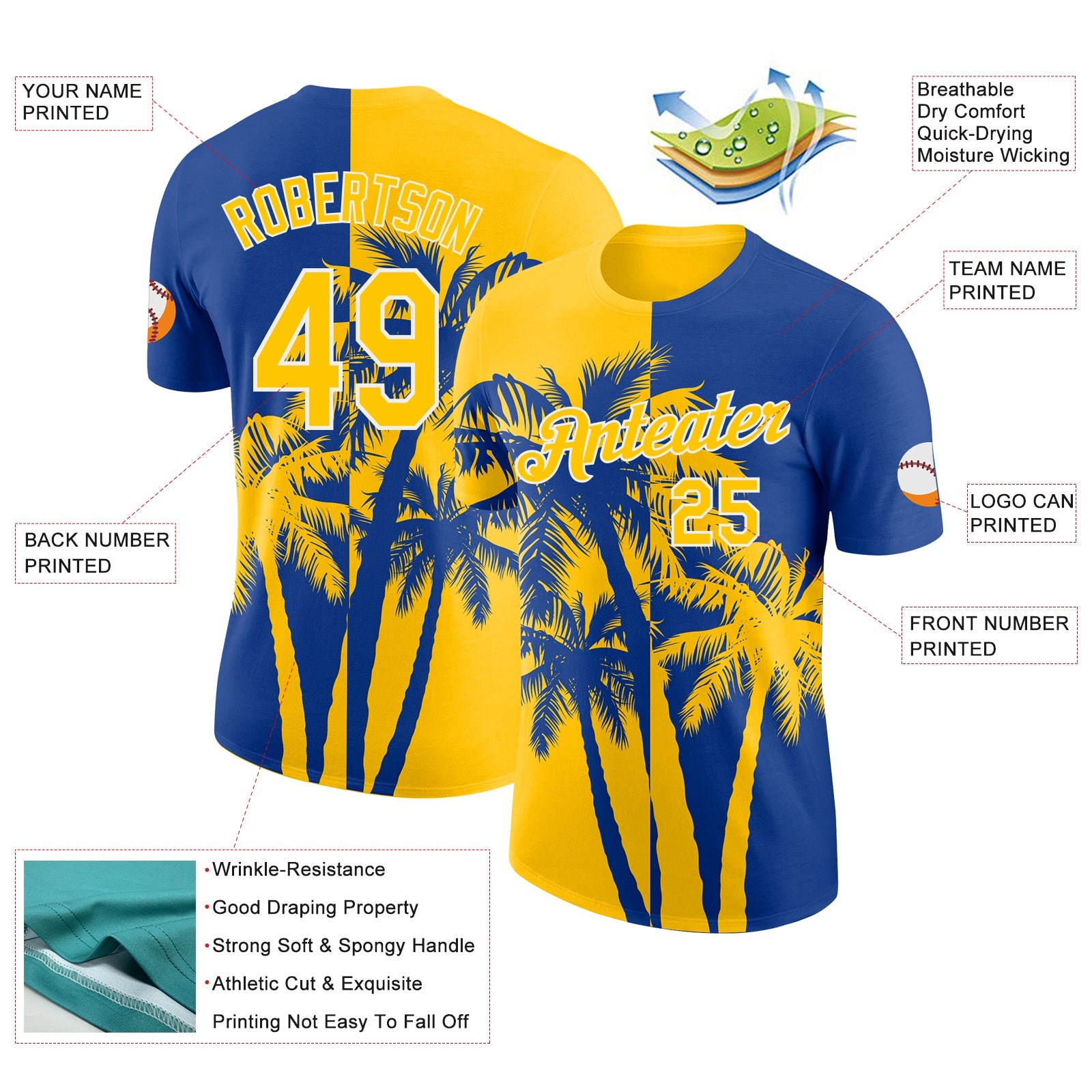 Custom Royal Yellow-White Hawaii Tropical Coastal Palm Trees Performance T-Shirt view 2