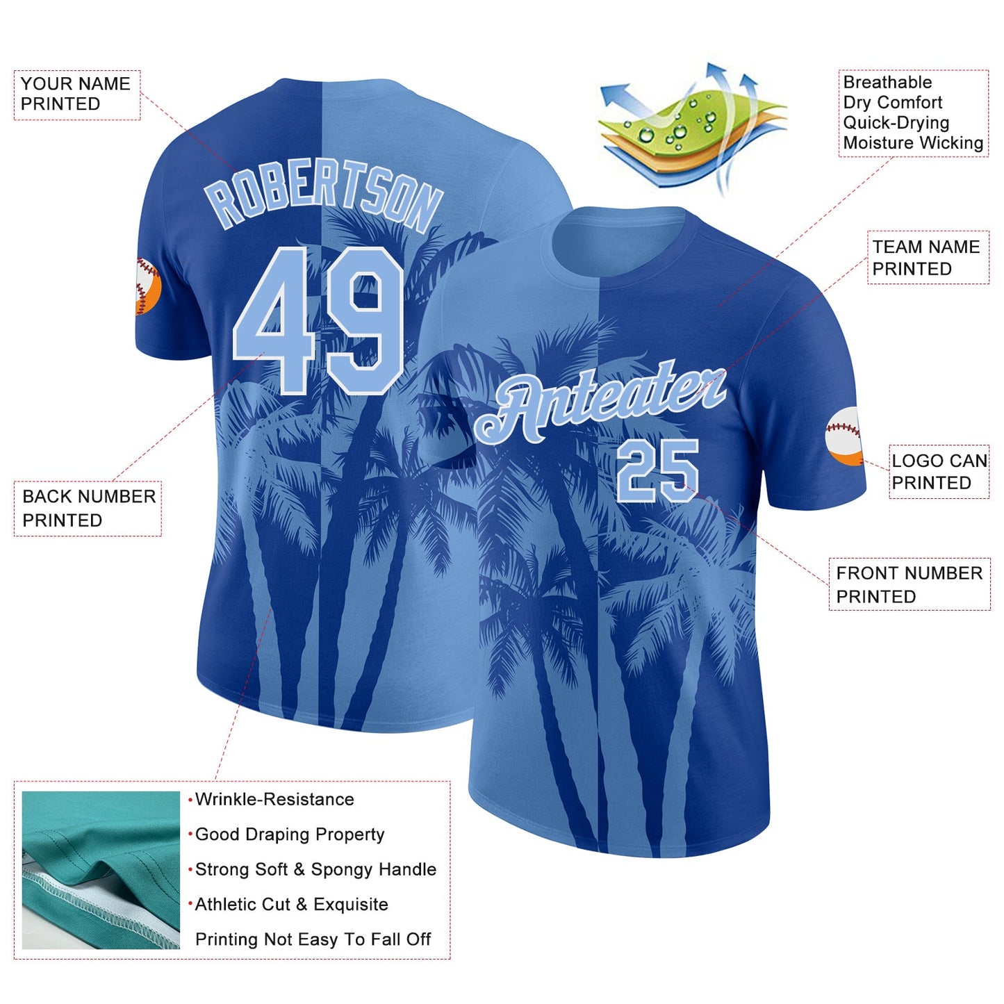 Custom Royal Light Blue-White Hawaii Tropical Coastal Palm Trees Performance T-Shirt view 2