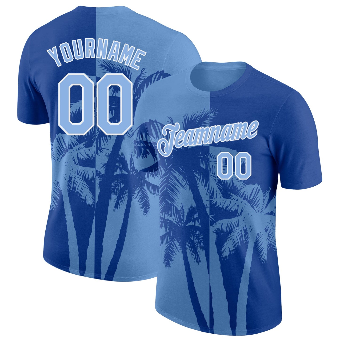 Custom Royal Light Blue-White Hawaii Tropical Coastal Palm Trees Performance T-Shirt - Main View