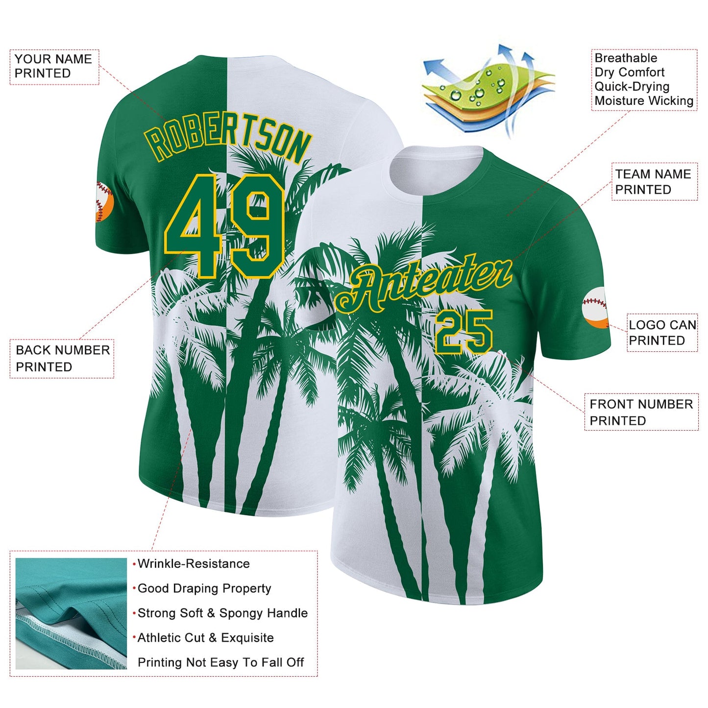 Custom Kelly Green White-Yellow Hawaii Tropical Coastal Palm Trees Performance T-Shirt view 2