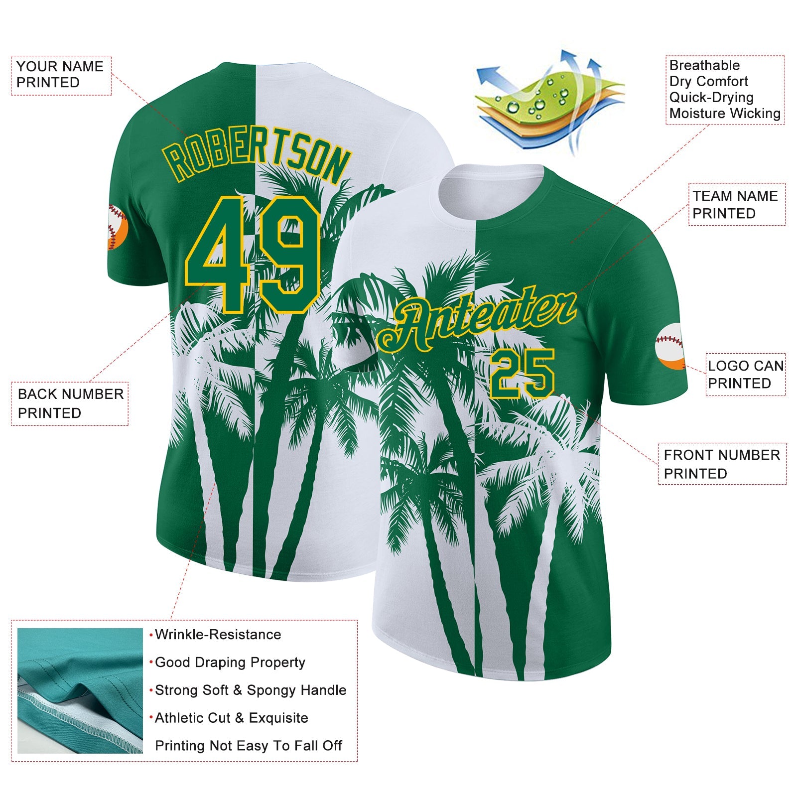 Custom Kelly Green White-Yellow Hawaii Tropical Coastal Palm Trees Performance T-Shirt view 2