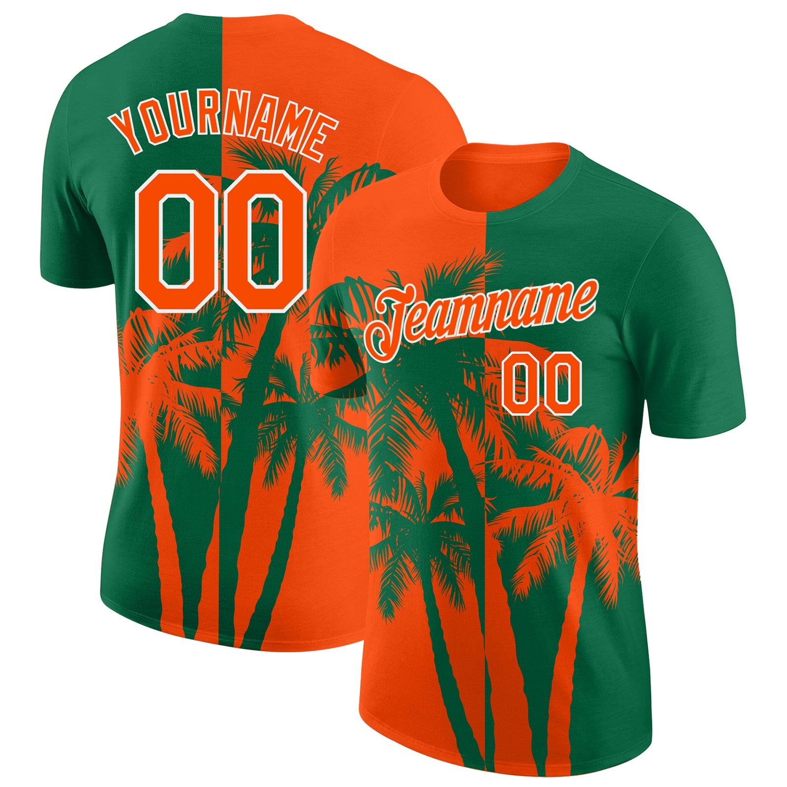 Custom Kelly Green Orange-White Hawaii Tropical Coastal Palm Trees Performance T-Shirt - Main View