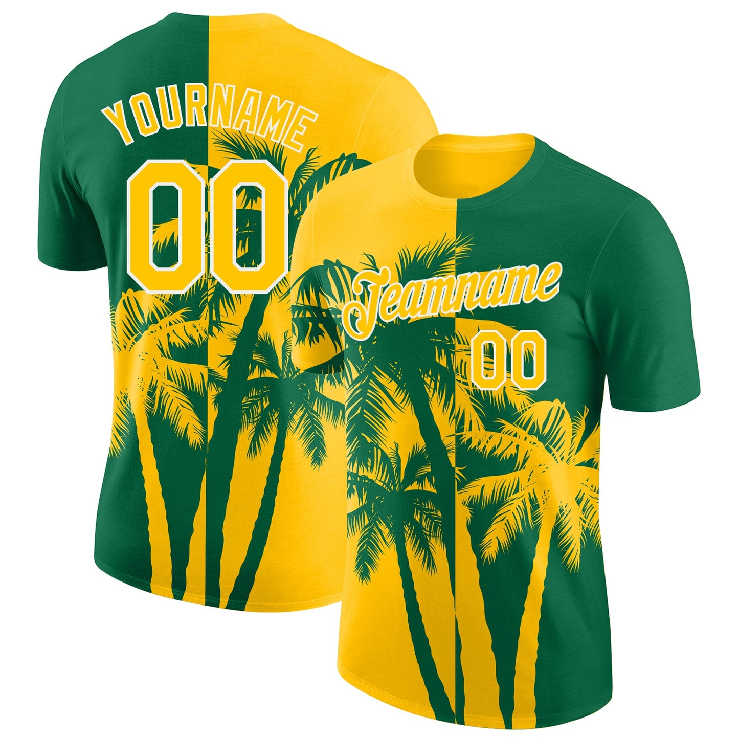 Custom Kelly Green Yellow-White Hawaii Tropical Coastal Palm Trees Performance T-Shirt - Main View