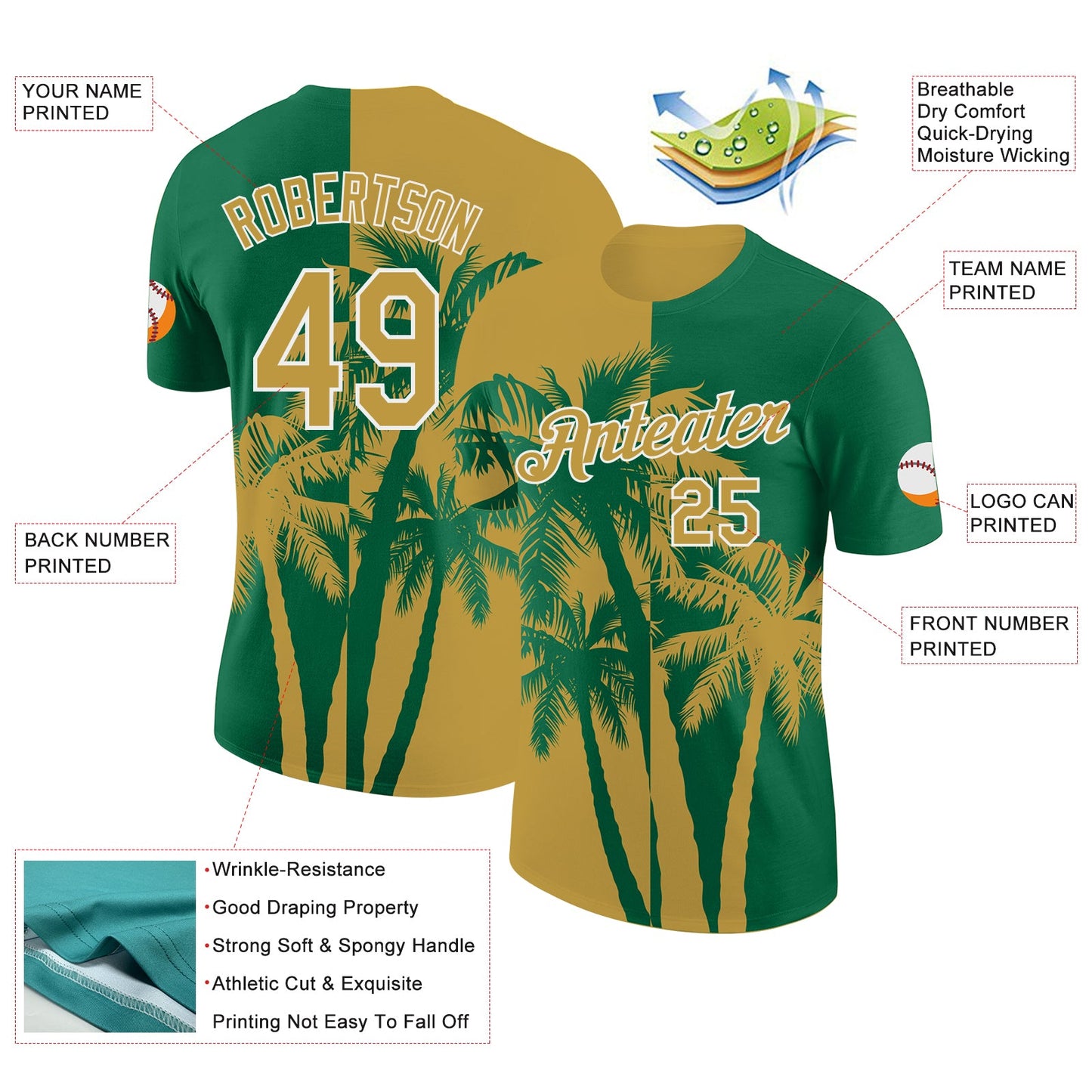 Custom Kelly Green Old Gold-White Hawaii Tropical Coastal Palm Trees Performance T-Shirt view 2