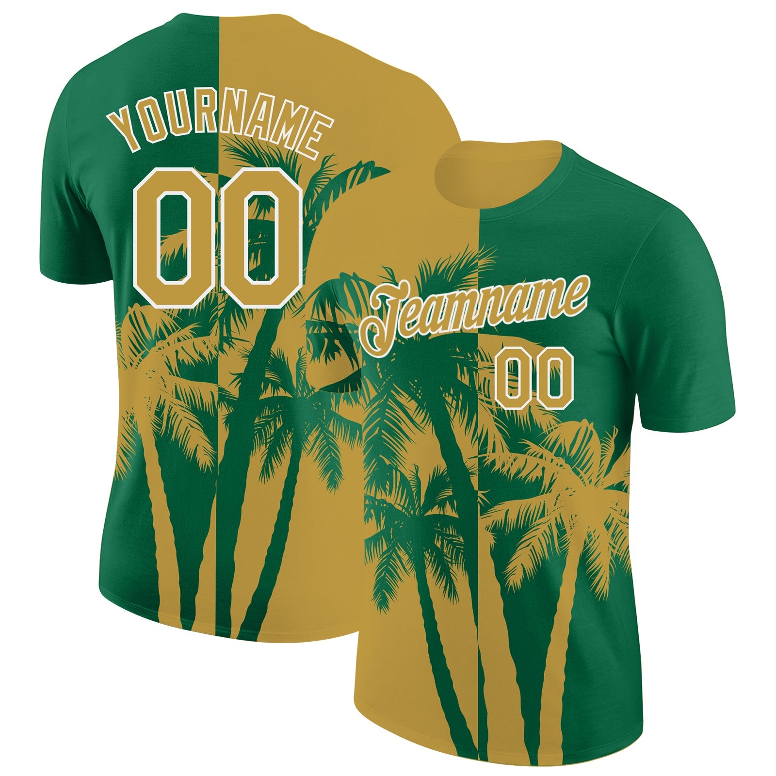Custom Kelly Green Old Gold-White Hawaii Tropical Coastal Palm Trees Performance T-Shirt - Main View