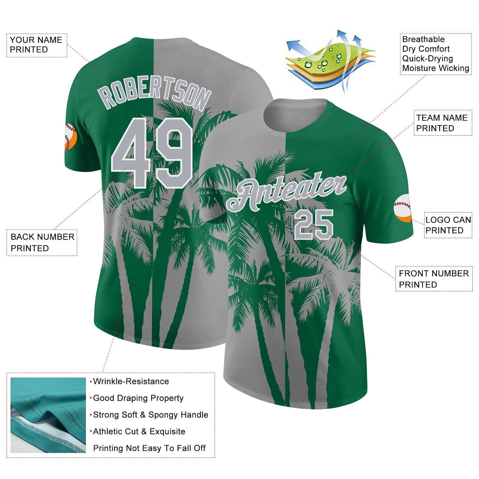 Custom Kelly Green Gray-White Hawaii Tropical Coastal Palm Trees Performance T-Shirt view 2