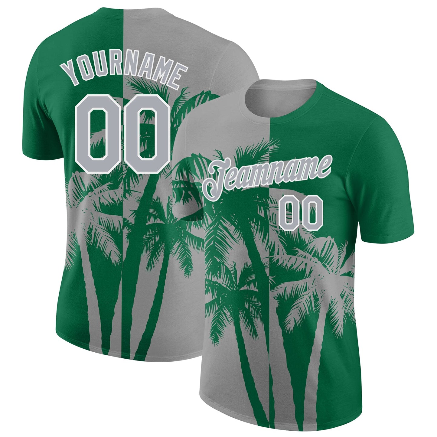 Custom Kelly Green Gray-White Hawaii Tropical Coastal Palm Trees Performance T-Shirt - Main View