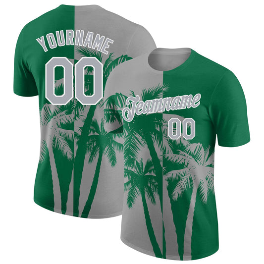 Custom Kelly Green Gray-White Hawaii Tropical Coastal Palm Trees Performance T-Shirt - Main View