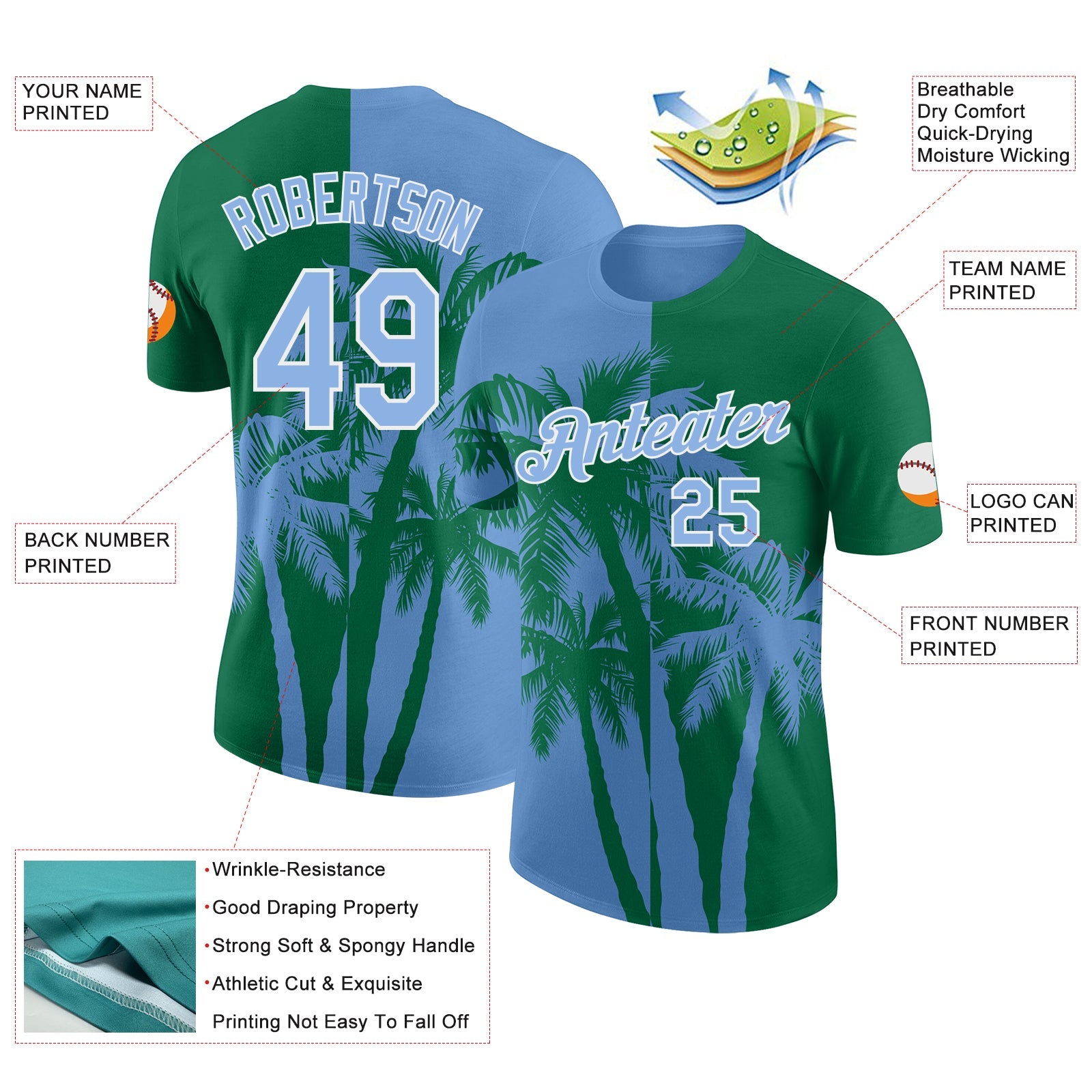 Custom Kelly Green Light Blue-White Hawaii Tropical Coastal Palm Trees Performance T-Shirt view 2