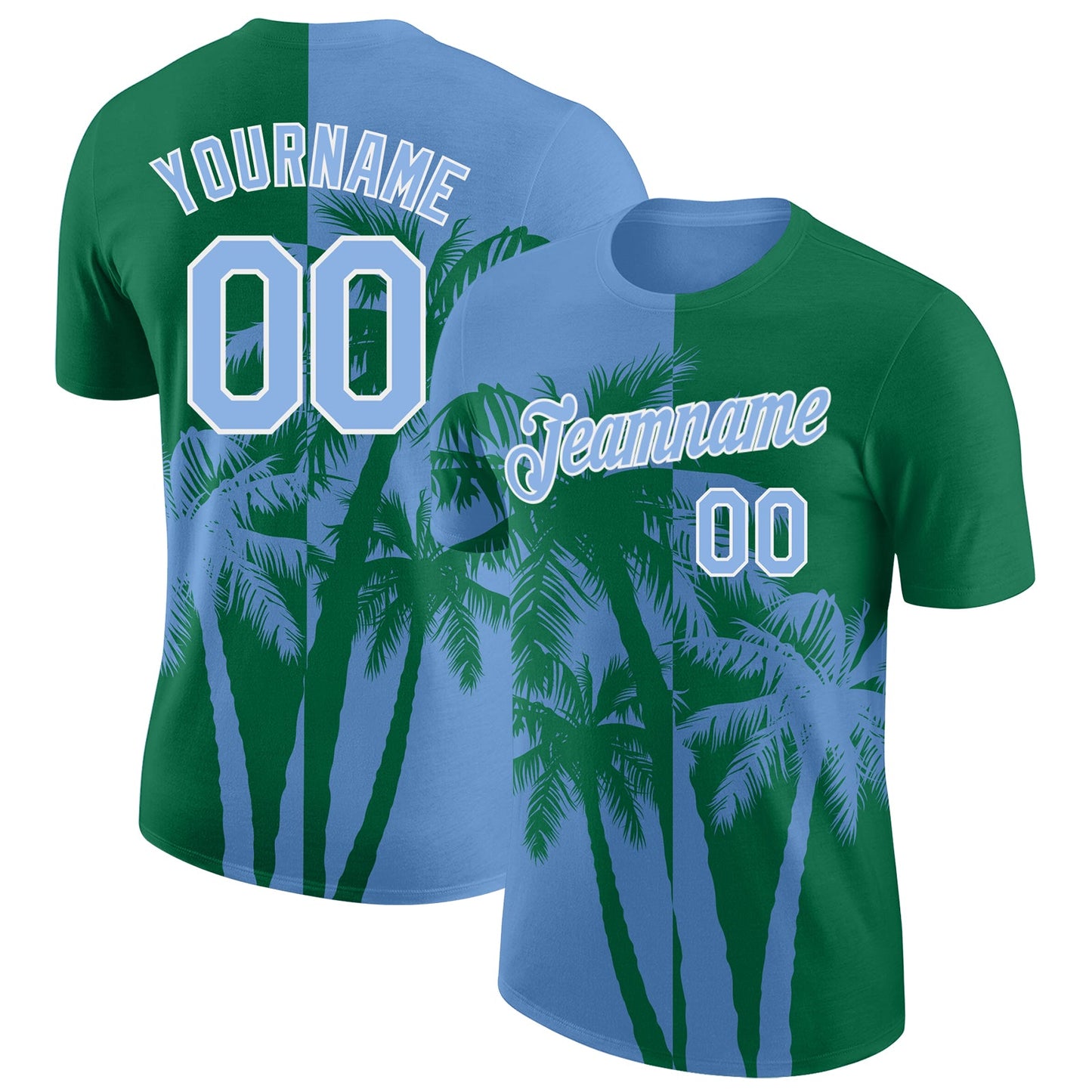 Custom Kelly Green Light Blue-White Hawaii Tropical Coastal Palm Trees Performance T-Shirt - Main View