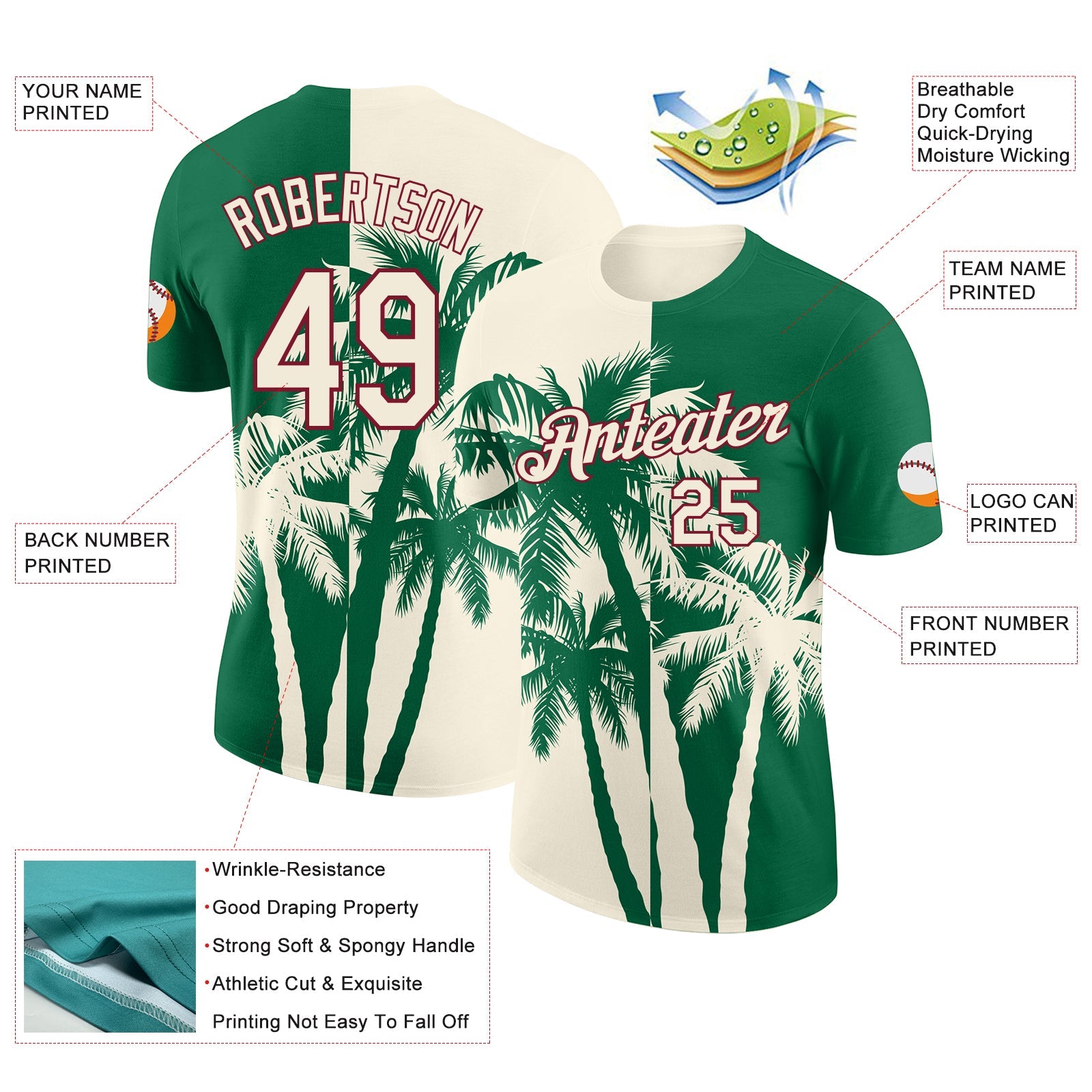 Custom Kelly Green Cream-Crimson Hawaii Tropical Coastal Palm Trees Performance T-Shirt view 2
