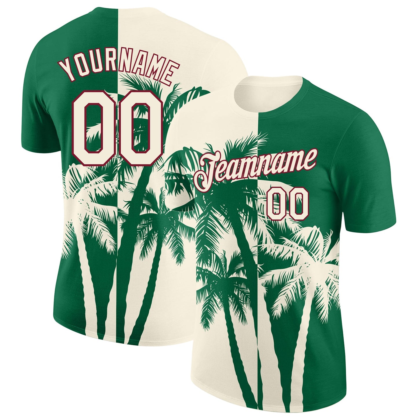 Custom Kelly Green Cream-Crimson Hawaii Tropical Coastal Palm Trees Performance T-Shirt - Main View