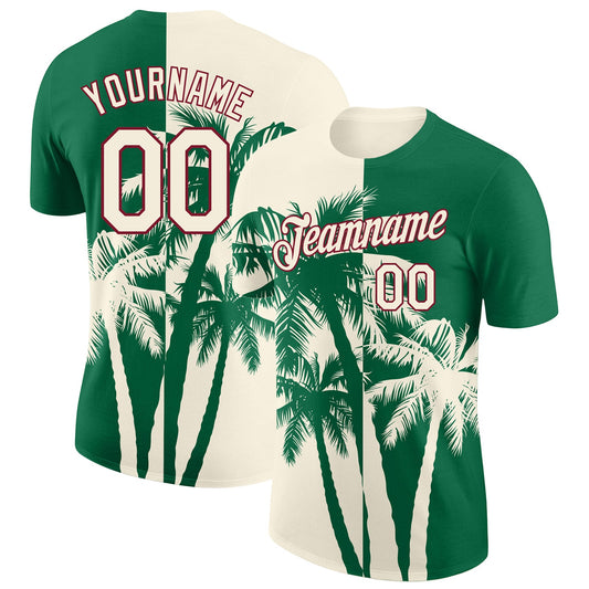 Custom Kelly Green Cream-Crimson Hawaii Tropical Coastal Palm Trees Performance T-Shirt - Main View