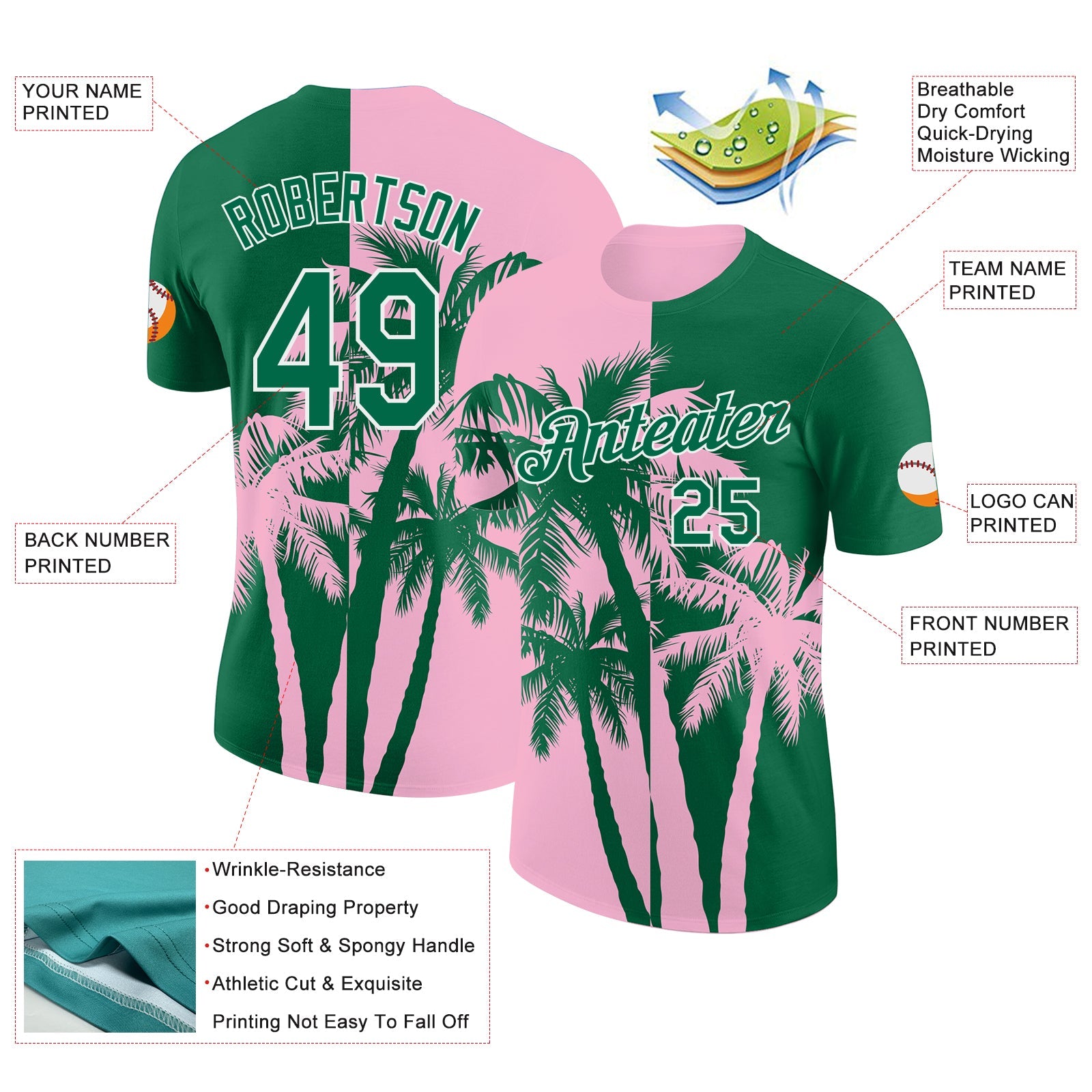 Custom Kelly Green Light Pink-White Hawaii Tropical Coastal Palm Trees Performance T-Shirt view 2