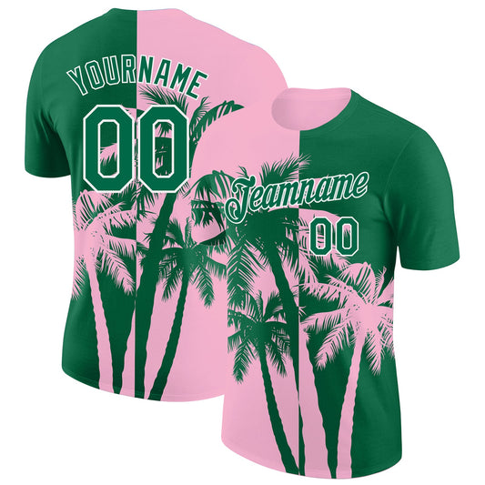 Custom Kelly Green Light Pink-White Hawaii Tropical Coastal Palm Trees Performance T-Shirt - Main View