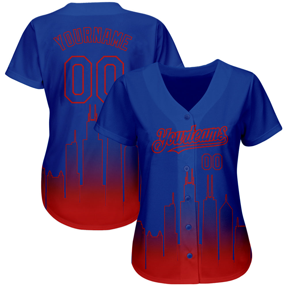 Custom Royal Red 3D Chicago City Edition Fade Fashion Authentic Baseball Jersey view 2