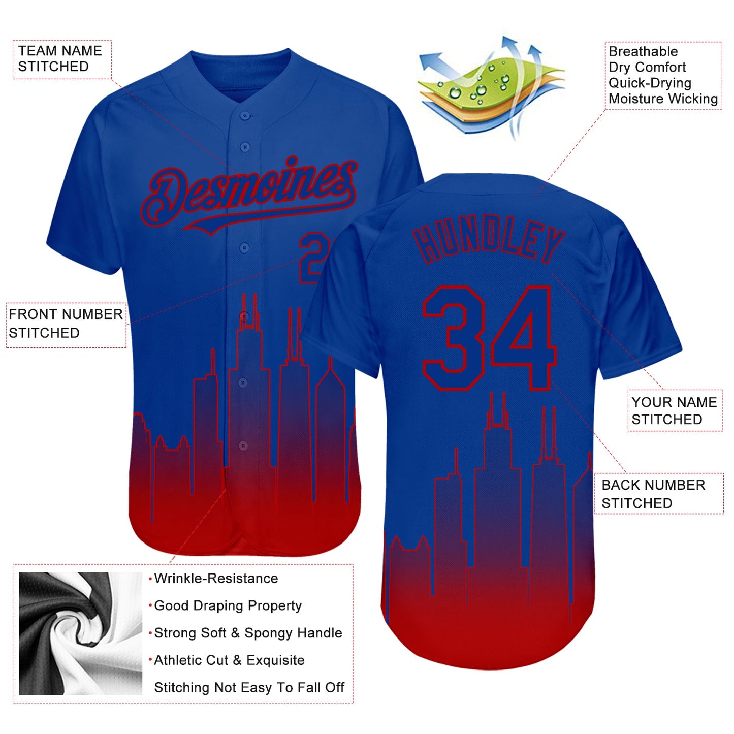 Custom Royal Red 3D Chicago City Edition Fade Fashion Authentic Baseball Jersey view 3