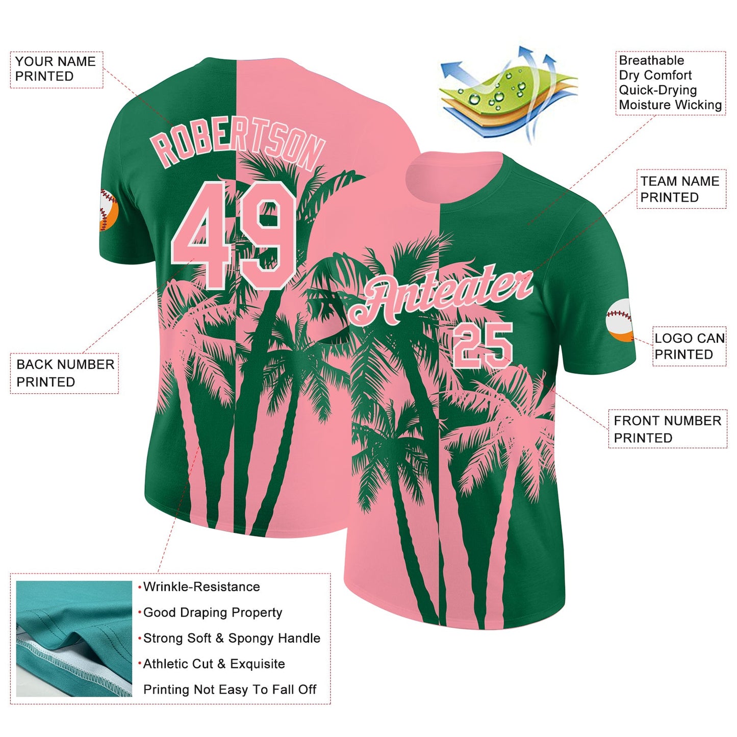 Custom Kelly Green Medium Pink-White Hawaii Tropical Coastal Palm Trees Performance T-Shirt view 2