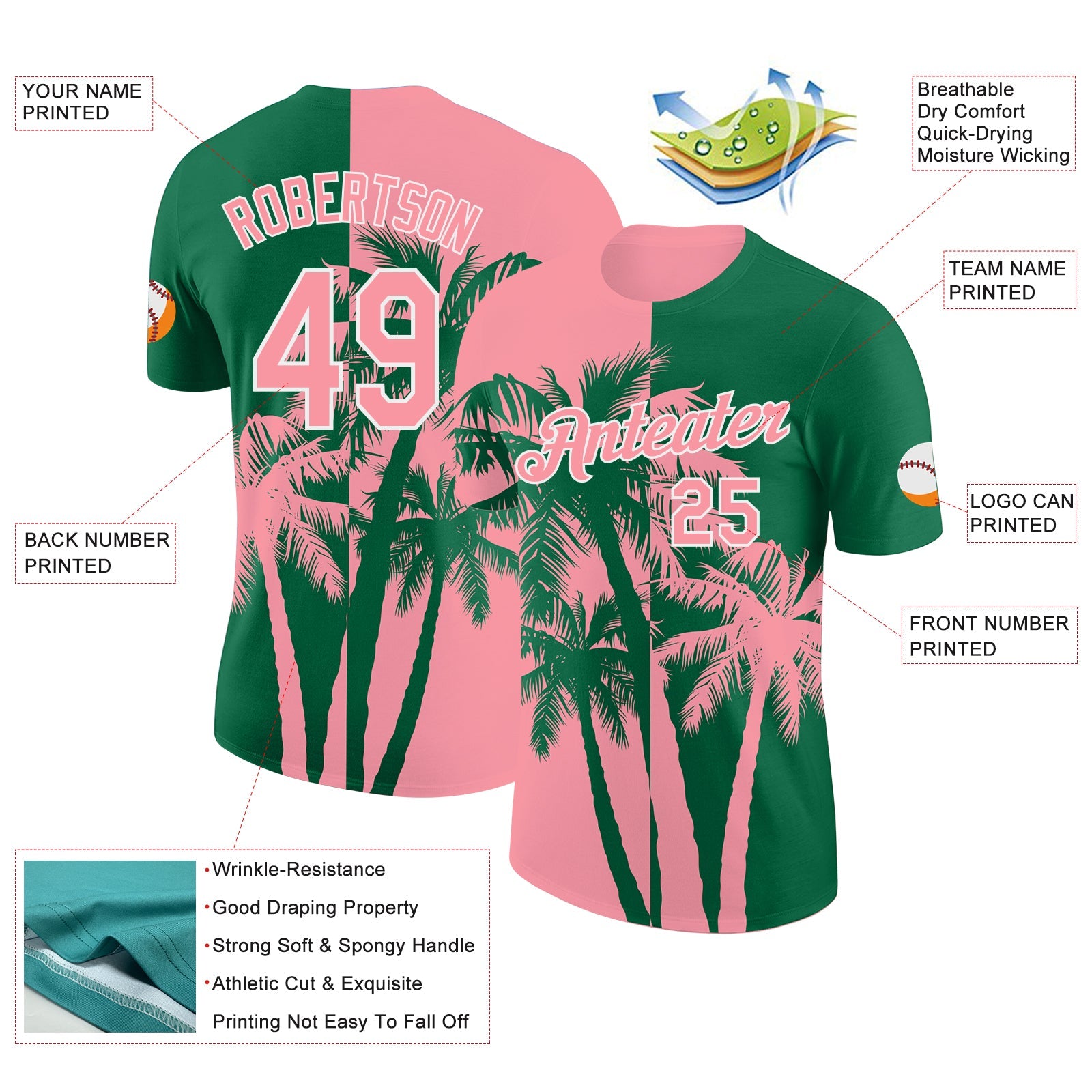 Custom Kelly Green Medium Pink-White Hawaii Tropical Coastal Palm Trees Performance T-Shirt view 2