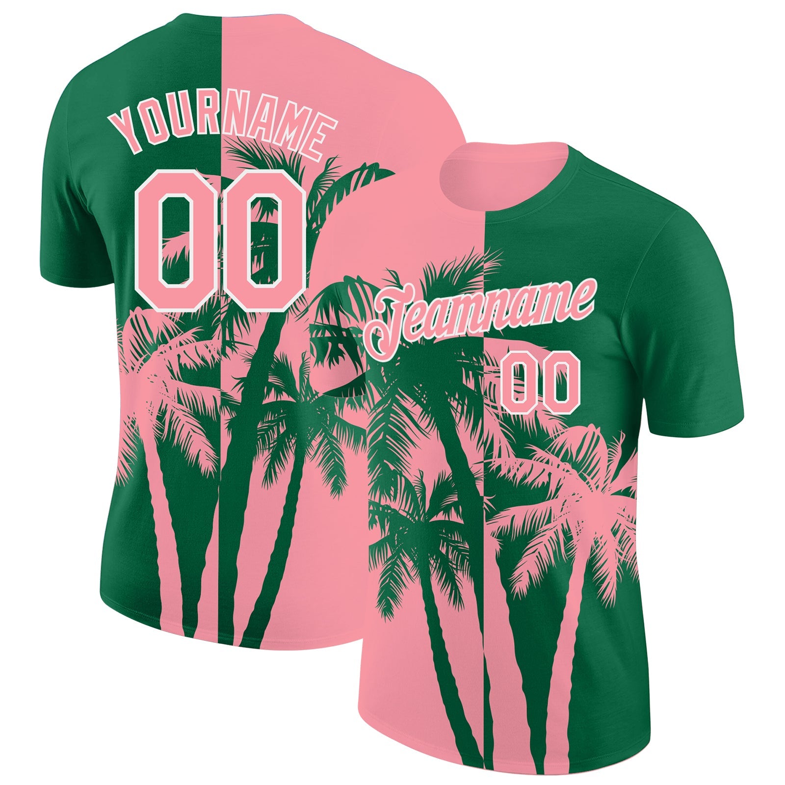 Custom Kelly Green Medium Pink-White Hawaii Tropical Coastal Palm Trees Performance T-Shirt - Main View