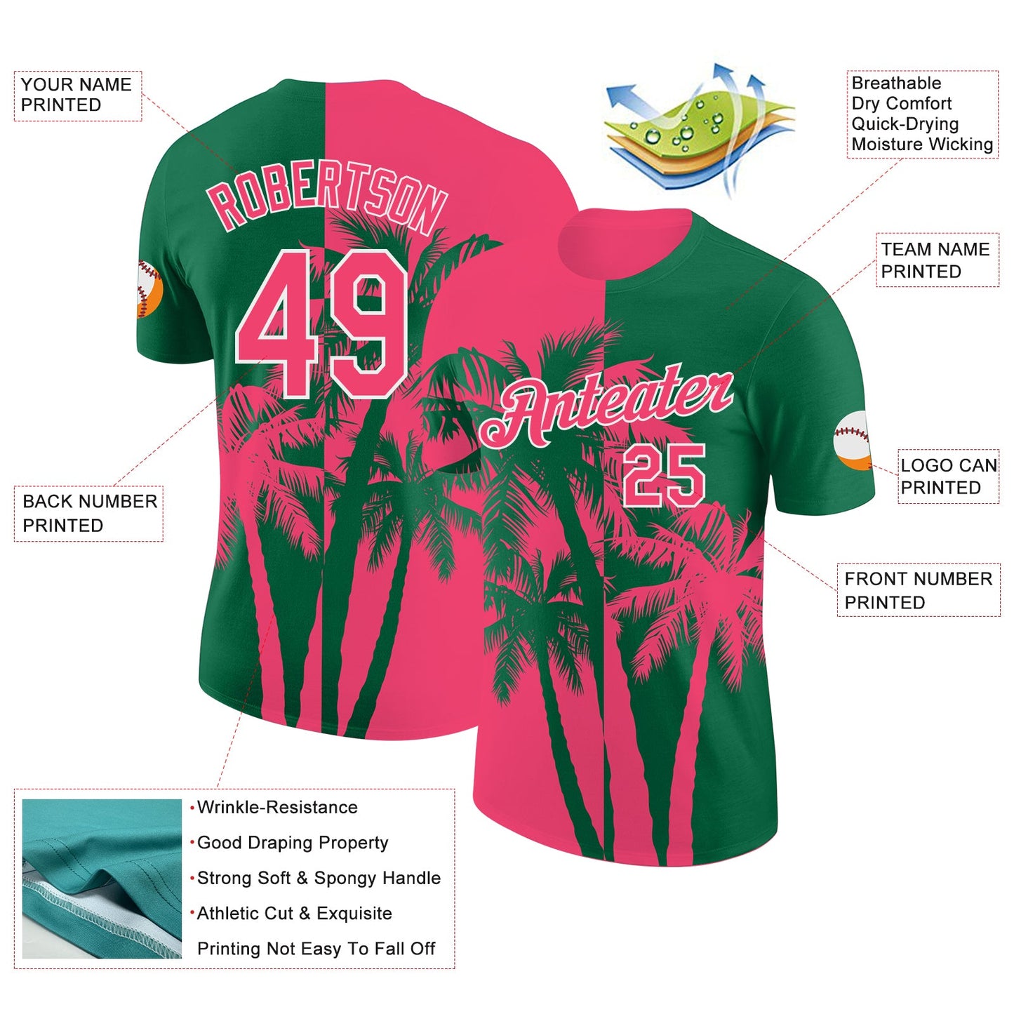 Custom Kelly Green Neon Pink-White Hawaii Tropical Coastal Palm Trees Performance T-Shirt view 2