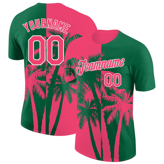 Custom Kelly Green Neon Pink-White Hawaii Tropical Coastal Palm Trees Performance T-Shirt - Main View