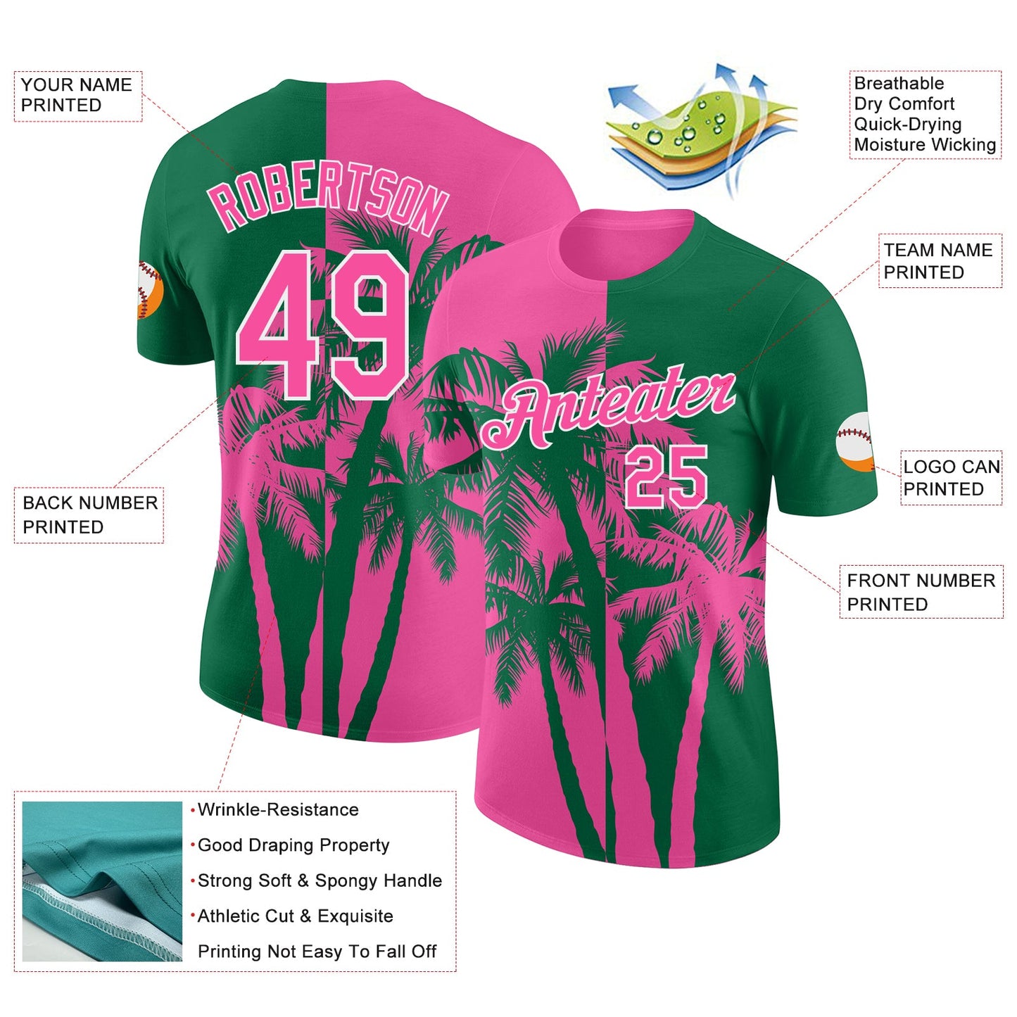 Custom Kelly Green Pink-White Hawaii Tropical Coastal Palm Trees Performance T-Shirt view 2