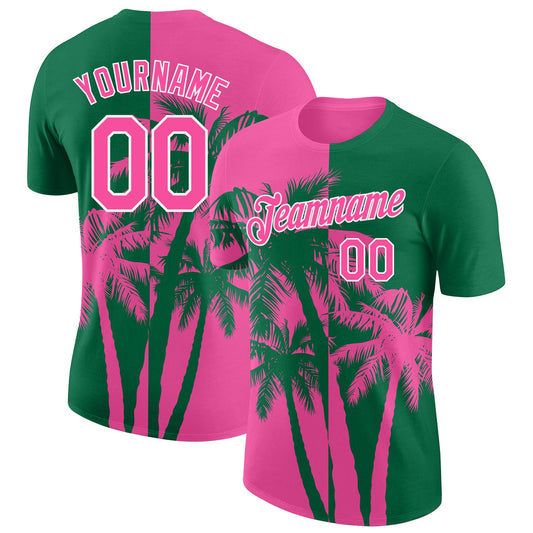 Custom Kelly Green Pink-White Hawaii Tropical Coastal Palm Trees Performance T-Shirt - Main View