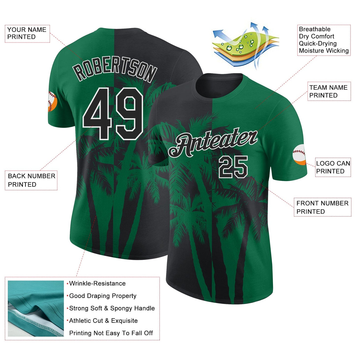 Custom Kelly Green Black-White Hawaii Tropical Coastal Palm Trees Performance T-Shirt view 2