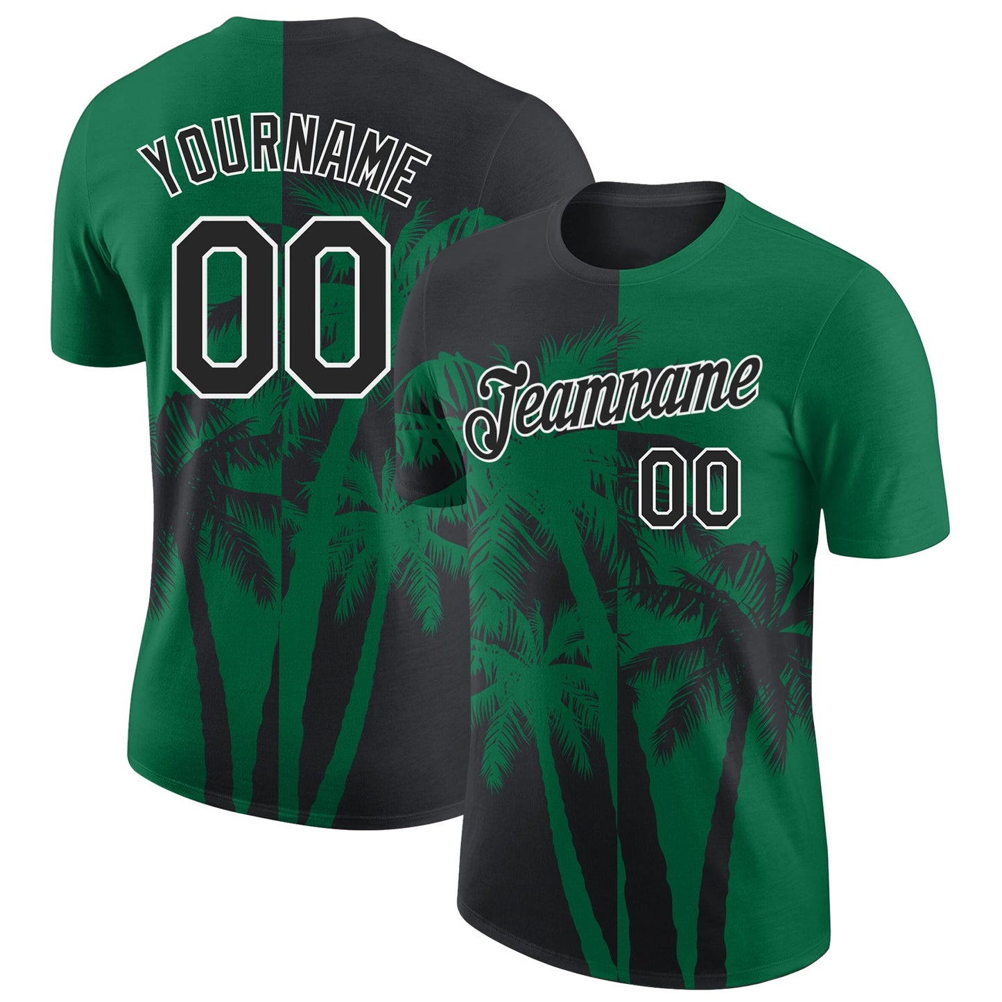 Custom Kelly Green Black-White Hawaii Tropical Coastal Palm Trees Performance T-Shirt - Main View