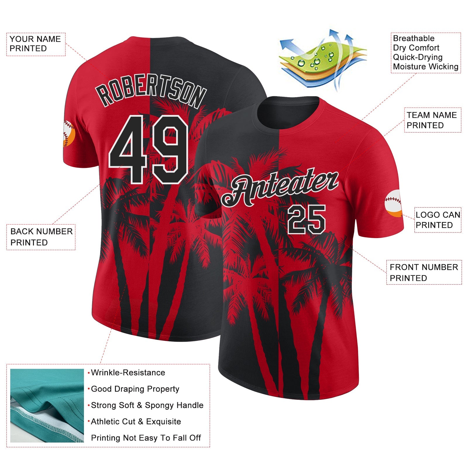 Custom Red Black-White Hawaii Tropical Coastal Palm Trees Performance T-Shirt view 2