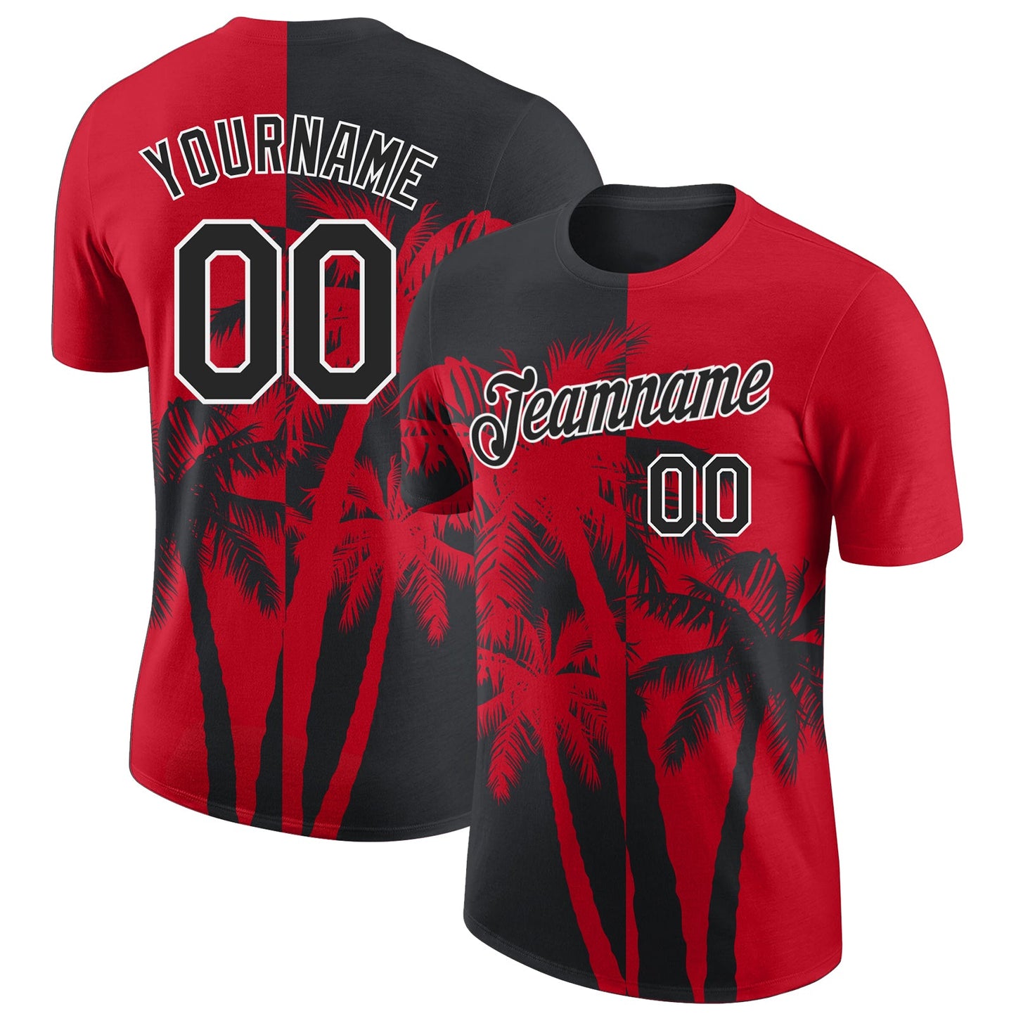 Custom Red Black-White Hawaii Tropical Coastal Palm Trees Performance T-Shirt - Main View